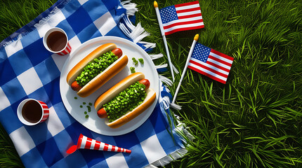 Classic american picnic with hot dogs and flags on grass