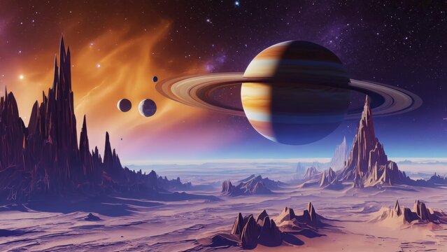 Futuristic alien landscape with rocky mountains and planet with massive rings rising in colorful sky, symbolizing space exploration, science fiction, imagination, and discovery of new cosmic worlds. - Powered by Adobe