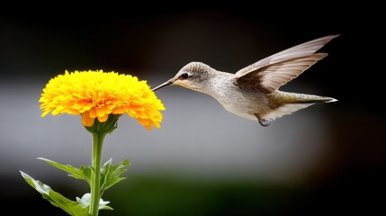 Naklejka premium Hummingbird Hovering Near Vibrant Marigold Flower in Nature