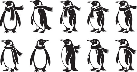 Ten black penguin icons with scarves and outstretched wings in different poses on a white background Keywords: penguin, bird, arctic, animal, wildlife, silhouette, icon, symbol, design element © Sabbir Art Express