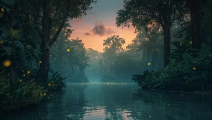 Shimmering reflective water stretching through tropical rainforest at dusk, with glowing fireflies