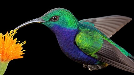 Naklejka premium Colorful Hummingbird Hovering Near Vibrant Flower on Dark Background
