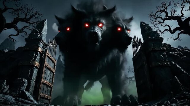 Three-headed Cerberus guarding a dark graveyard.