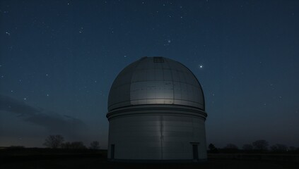 Obraz premium Sitting metallic observatory dome reflecting soft light in rural open field at night, with hatch