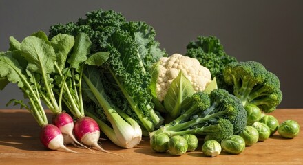 Freshly harvested vegetables arranged on a wooden surface, still life style