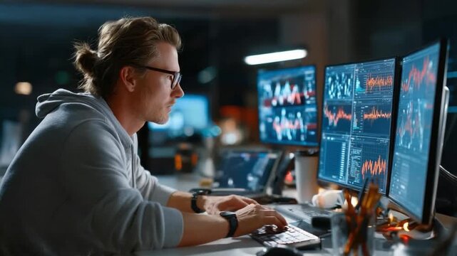 Tech Analyst at Work: A focused tech analyst, deeply engrossed in his task, monitors dynamic data visualizations displayed across multiple screens.