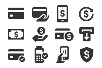 Black icons of payment methods and transactions.