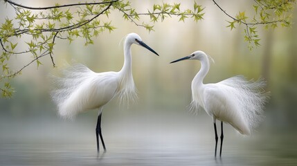 Naklejka premium Elegant White Egrets Standing Gracefully in Serene Wetland Environment