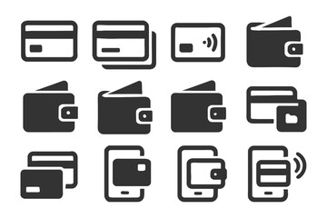 Digital payment icons: wallets, cards, contactless, mobile transactions.