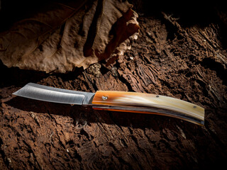 Still life of a folding knife resting on the bark of a tree