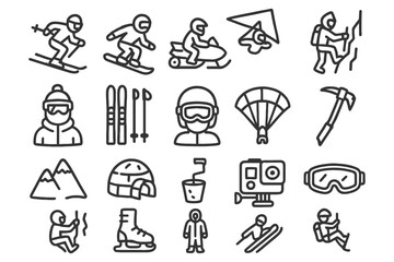 Fototapeta premium Winter sports icons set: skiing, snowboarding, climbing, paragliding, and more.