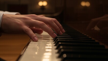 Playing adult hand pressing curved fingers on piano keyboard at home, showing cuff and lamp glow