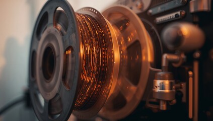 Rotating metal film reel spinning in projection booth, showing lit perforated frames, copy space
