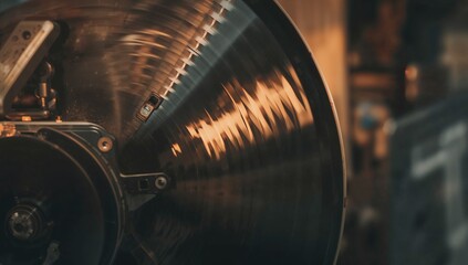 Spinning large grooved disc reflecting warm workshop light, showing cartridge arm, spindle, bolts