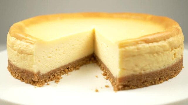 A creamy cheesecake with a slice missing, revealing its golden top, smooth filling, and crumbly base