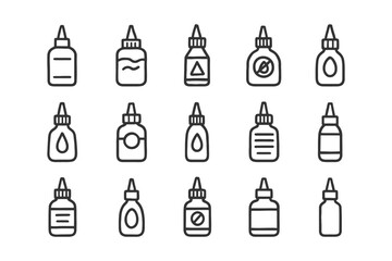 Collection of minimalist glue bottle icons in black and white.