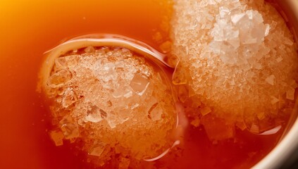 Displaying two crushed ice spheres sitting in amber-brown liquid at cup rim, with loose crystals
