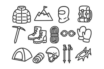 Fototapeta premium Collection of outdoor adventure and mountain climbing gear icons.