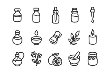 Essential oils and aromatherapy icons: bottles, herbs, candles, and mortar.