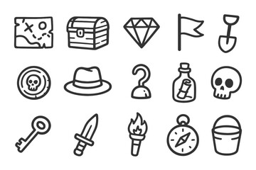 Treasure hunt icons: map, chest, diamond, flag, shovel, skull, compass, key.