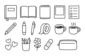Collection of hand-drawn stationery and everyday objects.