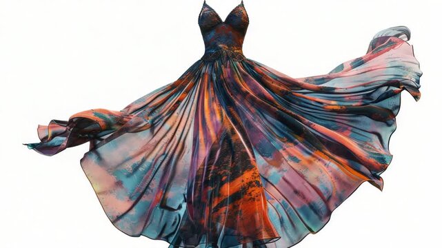 Video A woman dressed in a bright outfit is suspended mid-air, defying gravity with her colorful attire