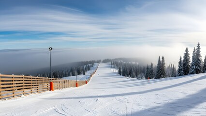 Obraz premium A wide-open ski slope descends above a thick blanket of fog.