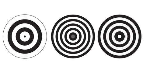 Black concentric circle set. Dotted and linear epicentre, target, radar icon concept. Ripple radial signal or vibration elements. Vector halftone symbols