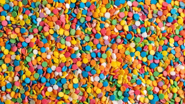 Dense colorful sprinkles in an overhead shot create a festive, bright, and textured background pattern of yellows, blues, oranges, reds, greens, and whites.