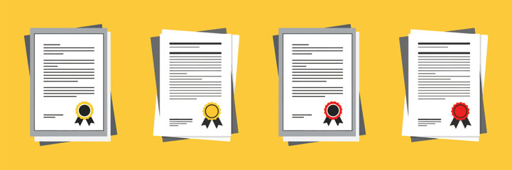 Set of four documents or certificates with different colored seals on yellow background, flat design illustration