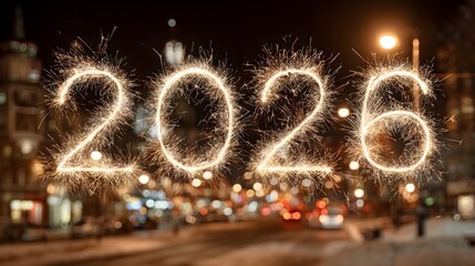 Welcoming new year 2026 with city lights and sparks in the night