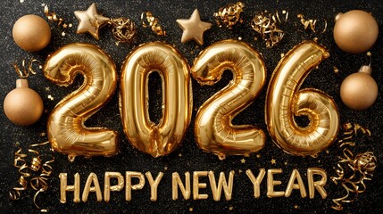 New Year celebration decorations with black and gold theme in shiny design for welcoming 2026 at night