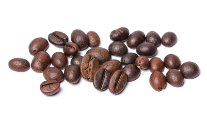 Heap of roasted coffee beans isolated on white background