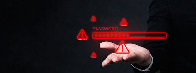 Cybersecurity threat with a password warning sign on a hand. Represents data breaches, vulnerabilities, and online security risks. Concept of Data Security