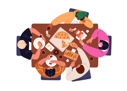 People dining together. Young friends gathering, meeting, sitting at dinner table from overhead, top view, sharing pizza, fast food and snacks. Flat vector illustration isolated on white background