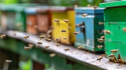A row of colorful beehives outdoors, with bees flying and collecting nectar, highlighting the honey-making process and bee activity, captured with a Sony Alpha A7 III and macro lens.