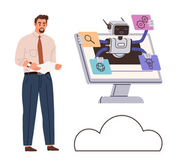 Businessman watches AI robot in computer performing tasks thumbs up search, settings, and ideas. Ideal for automation, AI, cloud storage, innovation, productivity technology efficiency. Simple flat