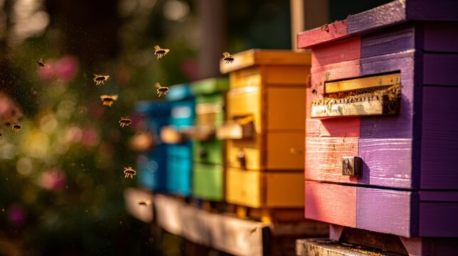 A row of colorful beehives outdoors, with bees flying and collecting nectar, highlighting the honey-making process and bee activity, captured with a Sony Alpha A7 III and macro lens.
