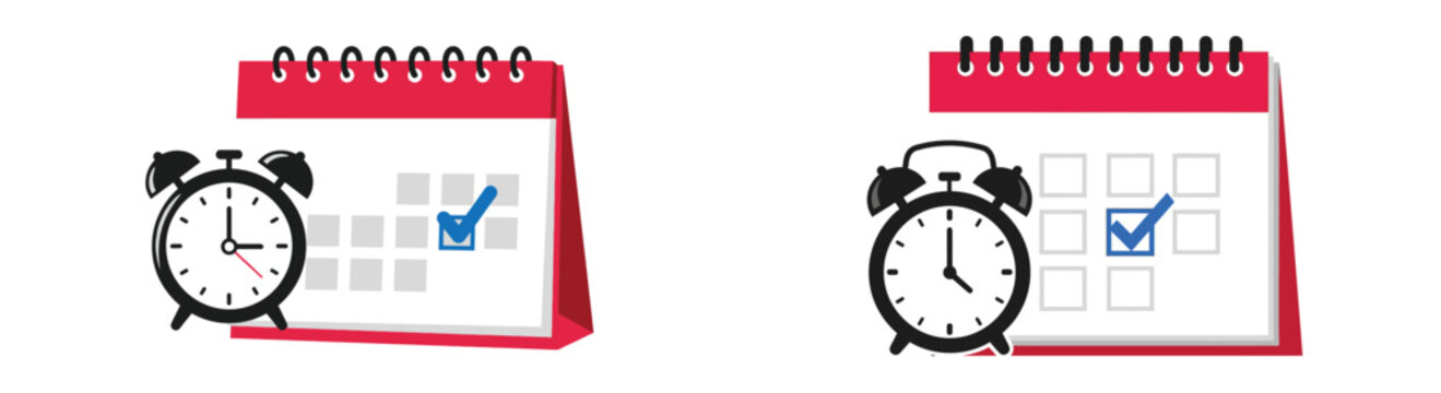 Schedule appointment time deadline reminder calendar alarm clock checkmark icon set illustration
