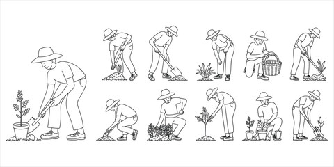 Gardening Activities Line Art Collection Diverse Poses planting digging