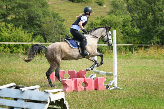 Female rider with horse jumping over hurdle in farm
