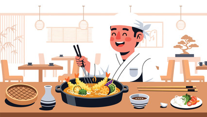 Chef frying tempura in deep pot. Modern flat vector Japanese cooking illustration with solid color palette