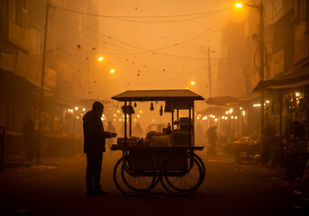 Fototapeta premium Street food vendor with pushcart working in hazardous orange winter smog at night