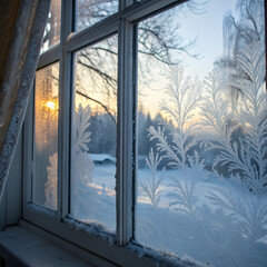 Frosty window with patterns during winter sunrise, scenic view of trees and snow outside