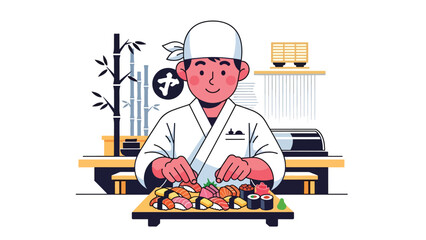 Chef arranging assorted sushi platter. Modern flat vector Japanese culinary illustration with clean solid colors