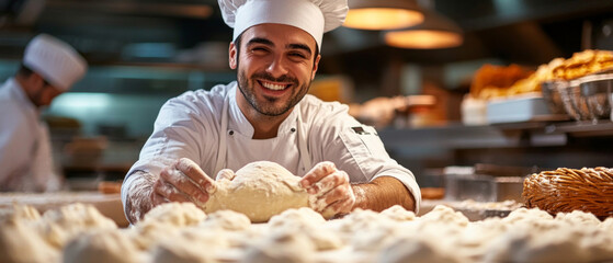 A smiling chef in a white hat kneads dough in the kitchen, creating an atmosphere of professionalism and joy, ideal as an atmospheric backdrop for culinary blogs or restaurant advertisements.