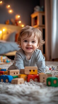 A happy baby surrounded by colourful toys on a soft rug creates a warm atmosphere, ideal for the background in advertisements for children's products.