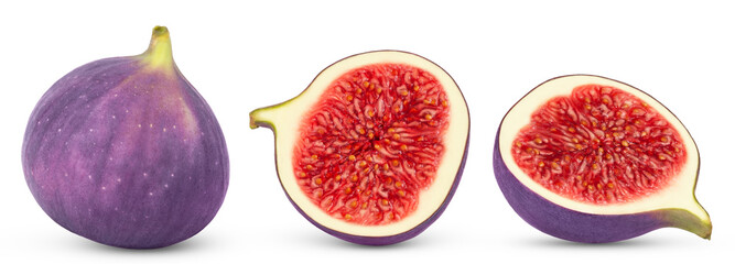 Figs isolated collections. Ripe purple fig, half and slice of fig fruit isolate on white background.