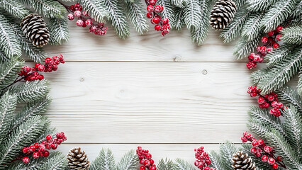 Festive Winter Holiday Frame with Snow-Dusted Pine Branches, Bright Red Berries, and Rustic Pine Cones on a Textured Light Wooden Background, Ideal for Seasonal Greetings and Event Designs