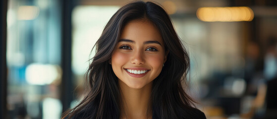 A young woman with long hair and a white-toothed smile creates an atmosphere of confidence, ideal as a visual backdrop for advertising cosmetics or dental services.